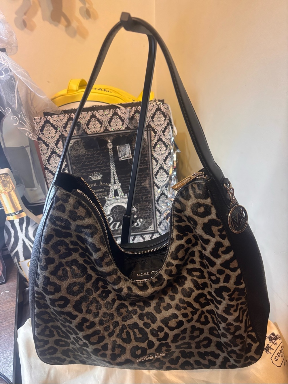 Michael Kors Leopard-Print Hobo Bag in Black and Grey